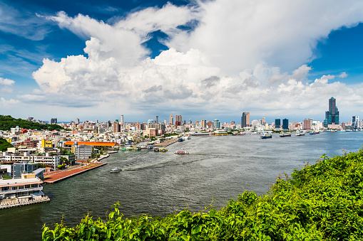 Overlooking The coastal urban landscape of the port of Kaohsiung in Taiwan