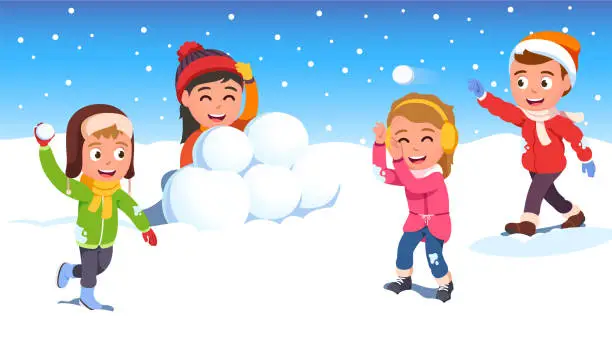 Vector illustration of Kids girls, boys friends playing snowball fight together. Children snowballing game, happy trowing snow balls, hiding behind barrier. Winter season outdoor activity. Flat vector character illustration