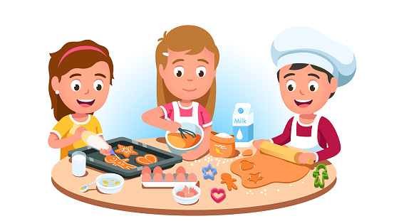 Three kids baking cookies. Mixing flour, eggs, milk, making & flattening dough, decorating bakery with cream on baking sheet. Boy in chef hat, girl in apron cooking. Flat style vector character isolated illustration