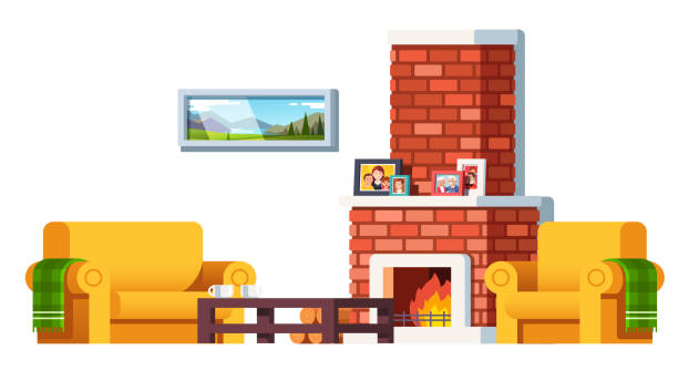 ilustrações de stock, clip art, desenhos animados e ícones de home red brick fireplace interior with burning fire, sofa, armchair with plaids, tea table, and some family and grandparents photos standing in frames. cozy and warm room fireside. flat vector interior illustration - family sofa vector illustration and painting