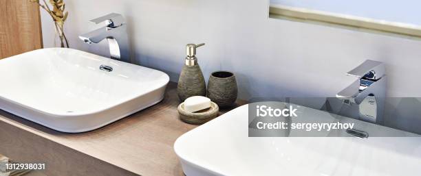 Wash Basin In Interior Of Bathroom Stock Photo - Download Image Now - Bathroom Sink, White Color, Wood - Material