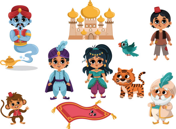 A Set of Cartoon Aladdin A set of cartoon Aladdin. Cute Aladdin Clip art, Cute Prince sticker, Jasmine Clip art, Aladdin party, Vector illustration. kid animal costume stock illustrations