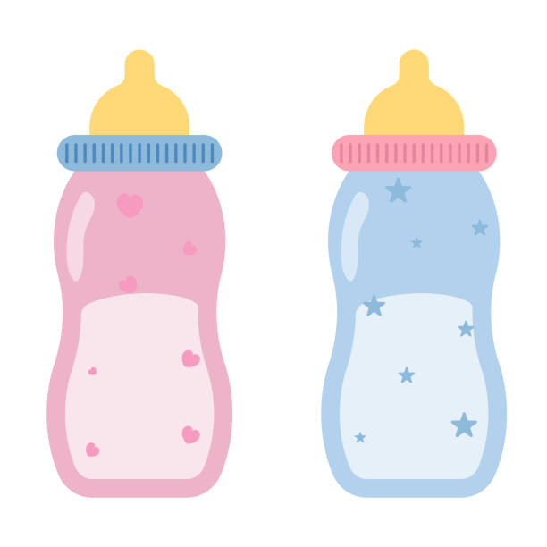 Feeding baby bottles for boy and girl in blue and pink Feeding baby bottles for boy and girl in blue and pink. Vector illustration isolated on a white background baby bottle stock illustrations