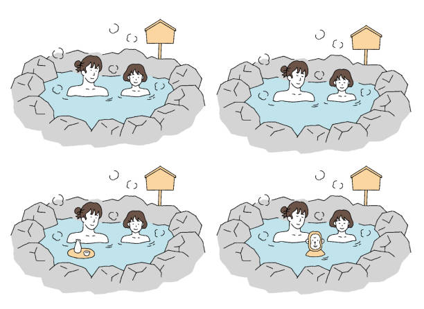 illustrations, cliparts, dessins animés et icônes de ensemble d’illustration d’un parent et d’un enfant prenant un bain sur un voyage chaud de source. - travel simplicity multi colored japanese culture