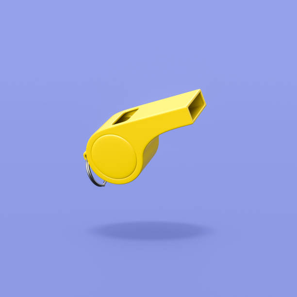 Yellow Plastic Whistle on Blue Background Yellow Plastic Whistle Isolated on Flat Blue Background with Shadow 3D Illustration whistle stock pictures, royalty-free photos & images