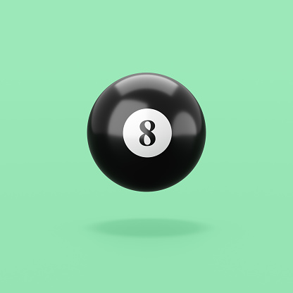 Black Pool Ball Number 8 Isolated on Flat Blue Green Background with Shadow 3D Illustration