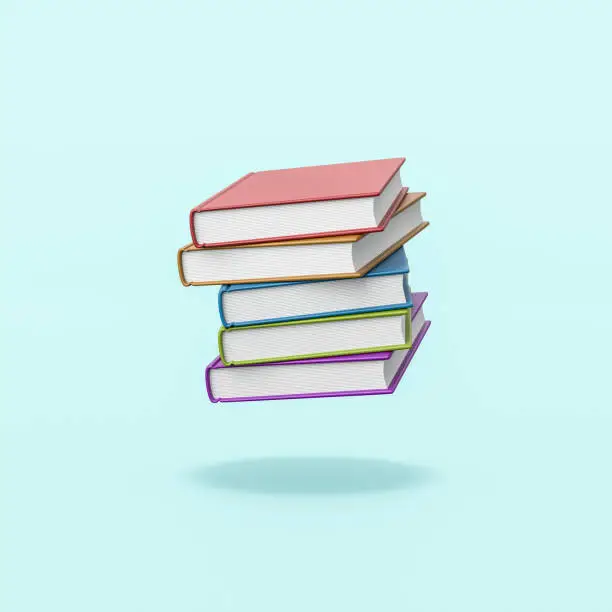 Stack of Colored Books Isolated on Flat Blue Background with Shadow 3D Illustration