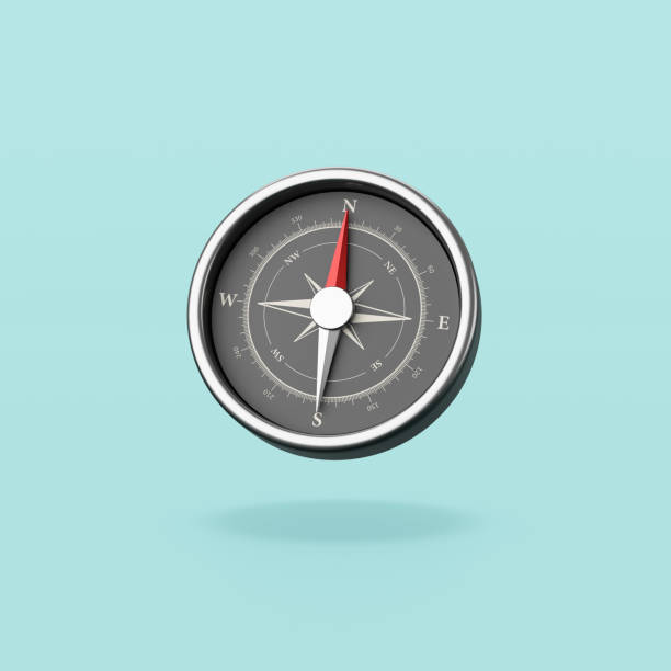 Metallic Compass on Blue Background Metallic Compass with Red Magnetic Needle Pointing Toward the North Isolated on Flat Blue Background with Shadow 3D Illustration navigational compass photos stock pictures, royalty-free photos & images