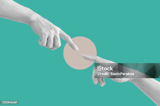 Digital Collage Modern Art Hand Reaching Out Pointing Finger Together Stock Photo - Download Image Now