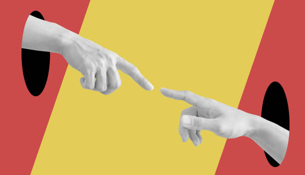 istock Digital collage modern art. Hand reaching out, pointing finger together 1312945495