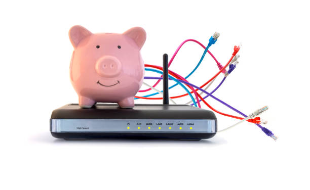 Piggy bank sits on internet router with colorful patch cords - on white background Piggy bank sits on internet router with colorful patch cords - on white background piggy bank chaos coin bank finance stock pictures, royalty-free photos & images