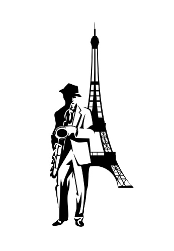 jazz man playing saxophone instrument standing by eiffel tower silhouette - performing busker musician black and white vector outline