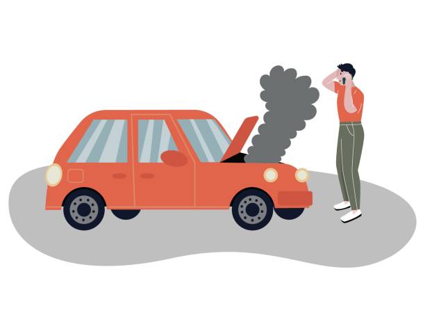 Breakdown of the car  on the road. A man calls the service to help. A defective auto with smoke from the hood. Isolated white background. Flat vector illustration. Breakdown of the car  on the road. A man calls the service to help. A defective auto with smoke from the hood. Isolated white background. Flat vector illustration. broken car stock illustrations