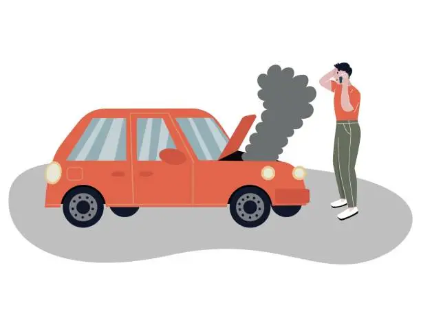 Vector illustration of Breakdown of the car  on the road. A man calls the service to help. A defective auto with smoke from the hood. Isolated white background. Flat vector illustration.