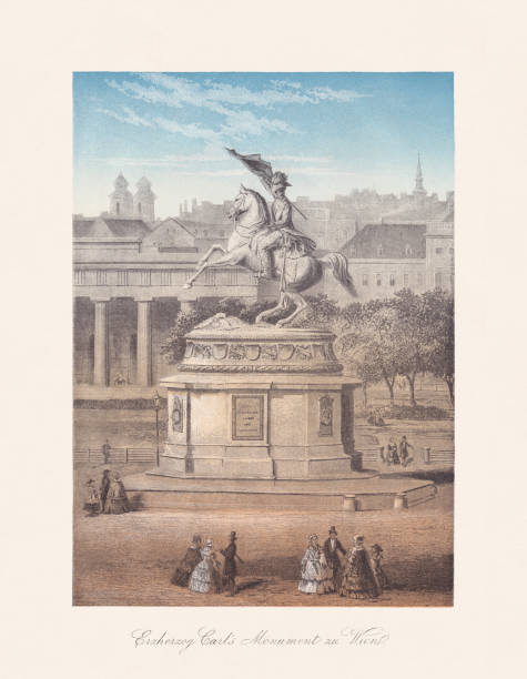Historical view of the Equestrian statue of Archduke Charles on the Heldenplatz in Vienna, Austria. Created (1853/59) by Anton Dominik von Fernkorn (German-Austrian sculptor, 1813 - 1878). Chromolithograph, published in 1868.