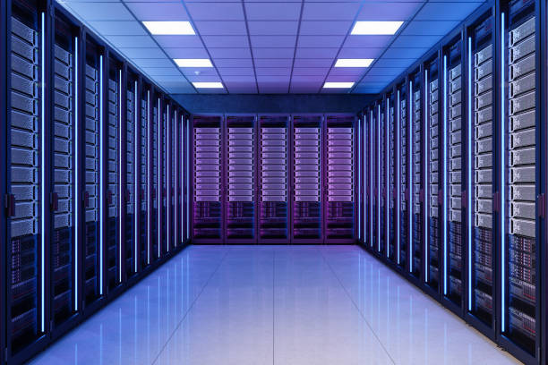futuristico interno della sala server nel data center con luci al neon - network server tower rack computer foto e immagini stock