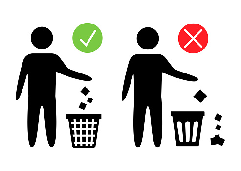 Keeping the clean. Forbidden icon. Pitch in put trash in its place. Tidy man or do not litter, symbols, keep clean and dispose of carefully and thoughtfully. Vector