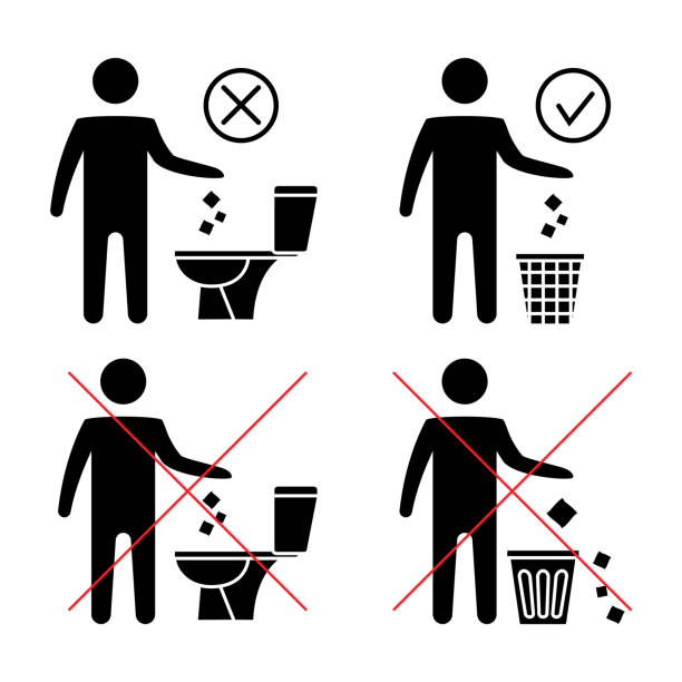 Do not litter in the toilet. Toilet no trash. Keeping the clean. Please do not flush paper towels, sanitary products, icons. Forbidden icon. Throwing garbage in a bin. Vector Do not litter in the toilet. Toilet no trash. Keeping the clean. Please do not flush paper towels, sanitary products, icons. Forbidden icon. Throwing garbage in a bin. Vector illustration flushing toilet stock illustrations