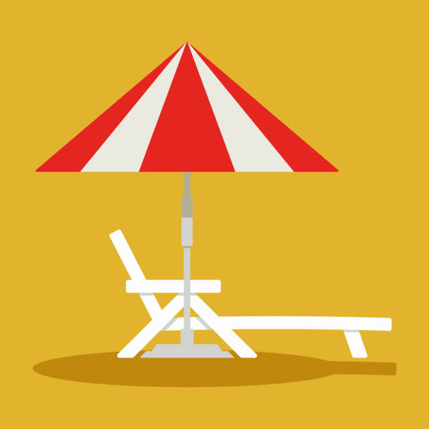 Deck chair, lounge or sun bed with a beach umbrella. Beach or pool umbrella linear with sun bed in red and white colors. The symbol of a holiday by the sea isolated Deck chair, lounge or sun bed with a beach umbrella. Beach or pool umbrella linear with sun bed in red and white colors. The symbol of a holiday by the sea isolated on yellow background red beach chairs stock illustrations