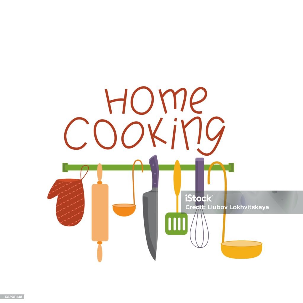 Cooking Library Sign Home Cooking Hand Written Sign On Banner Kitchen Tools Kitchenware Set ...