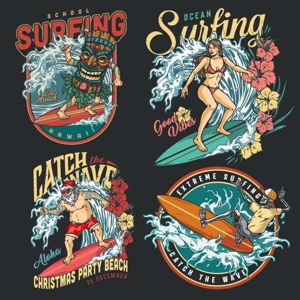 bildbanksillustrationer, clip art samt tecknat material och ikoner med extreme surfing vintage färgglada etiketter - tomtekvinna