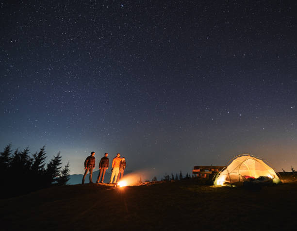istock Night campsite in the mountains lawn under starry sky. 1312962917