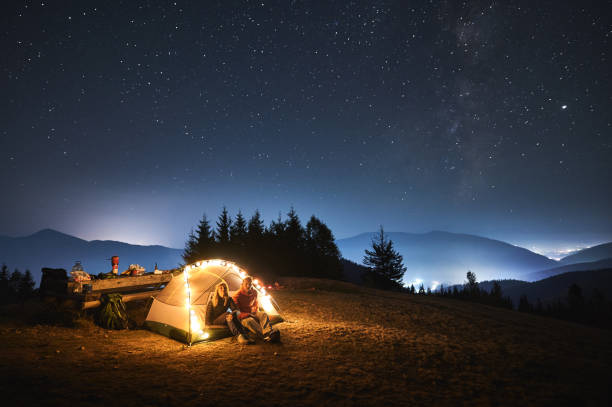 istock Night campsite in the mountains lawn under starry sky. 1312962925