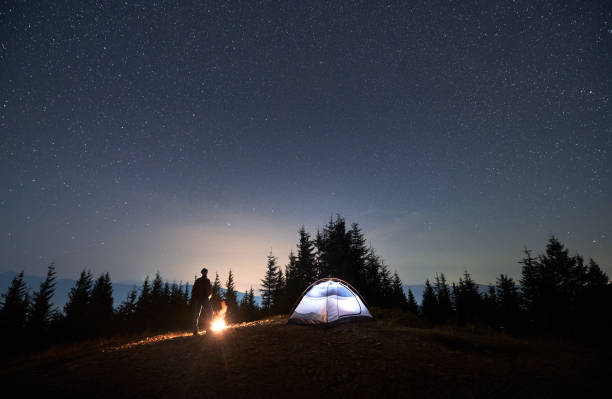 istock Hiker standing near camp tent under night starry sky. 1312962988