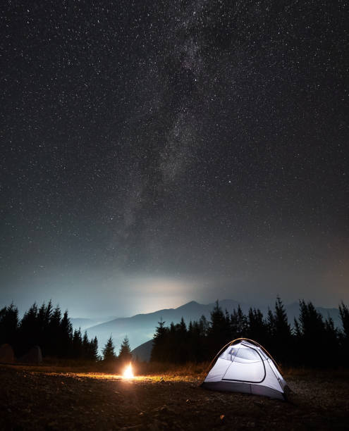 istock Camping at summer starry night in the mountains. 1312963012