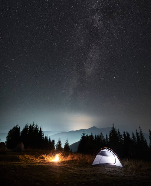 istock Illuminated camp tent under beautiful night sky with stars. 1312963024