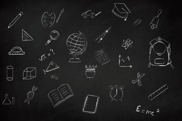 istock Doodle Set Of Education And School Symbols On Chalkboard With White Chalk 1312964521
