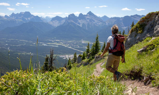 istock Male hiker descends mountain trail, above valley 1312965414