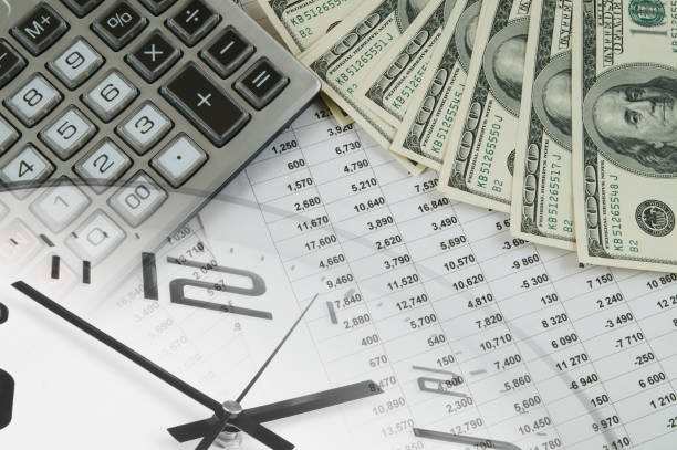 calculator, money, financial report and clock - finance stock market data diagram calculator imagens e fotografias de stock