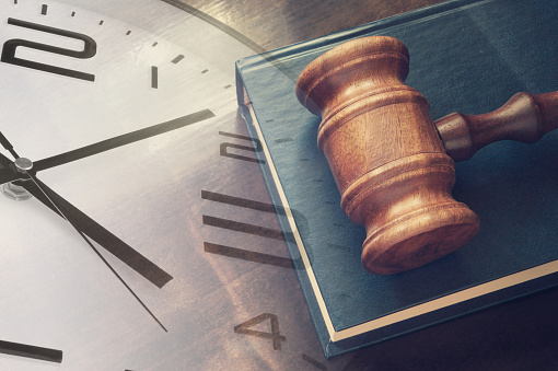 Justice time concept. Gavel on legal book, collage with clock.