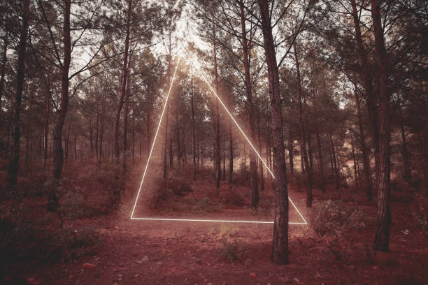 istock Striking triangle neon shape in foggy forest 1312967731