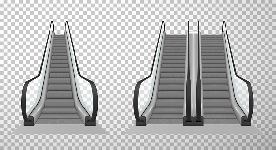 Collection of double and single escalator stairway electronic equipment vector illustration. Realistic different types of moving ramp stairs isolated on transparent background. Transportation of human