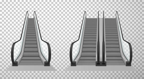 Collection of double and single escalator stairway electronic equipment vector illustration Collection of double and single escalator stairway electronic equipment vector illustration. Realistic different types of moving ramp stairs isolated on transparent background. Transportation of human escalator stock illustrations