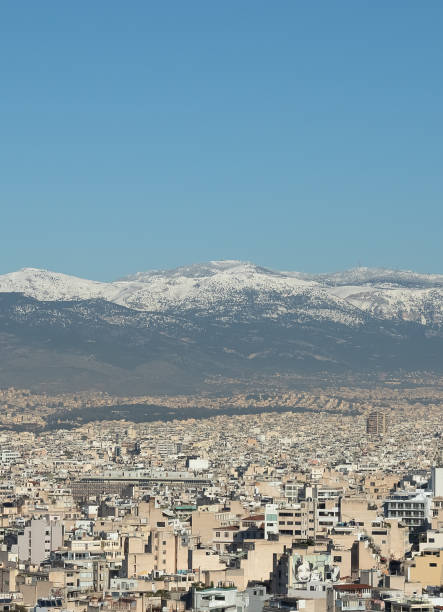 panoramic view of Athens and mountains from the Acropolis hill in the morning haze
