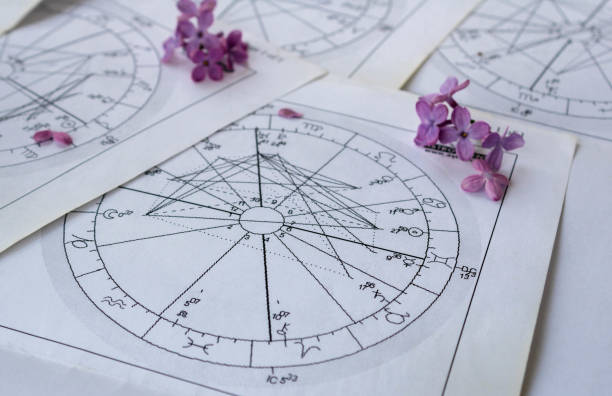 istock Printed astrology charts with tiny lilac flowers, springtime 1312972647