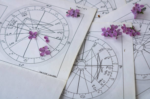 istock Old printed astrology charts with tiny lilac flowers 1312972690