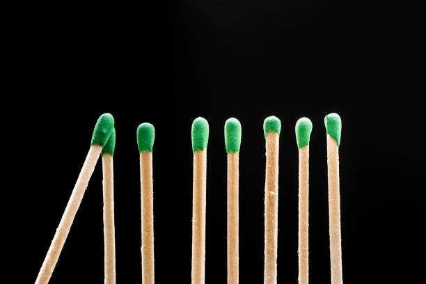 istock matches standing in a row on black background 1312981559