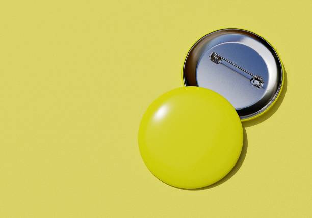 Yellow pin baddges on yellow background. 3D Illustration