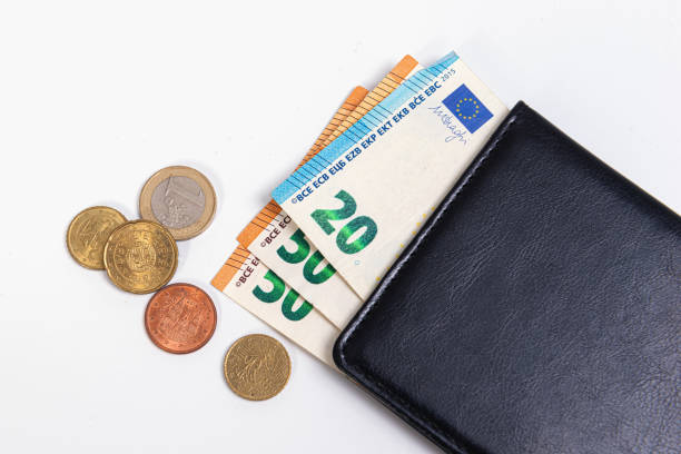black wallet with euro banknotes and coins isolated on a white background, commerce concept
