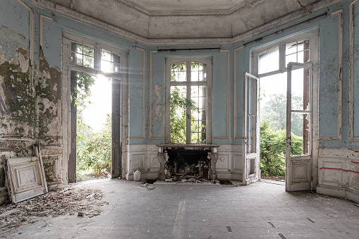 Abandoned castle, domestic room with fireplace