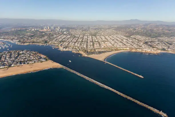 Aerial view of entrance to Newport Beach Harbor in Orange County, California.