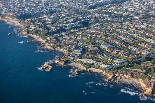 Aerial view of Laguna Beach coves in Southern California.