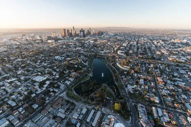 Sunrise aerial view of Echo Park and downtown Los Angeles in Southern California.