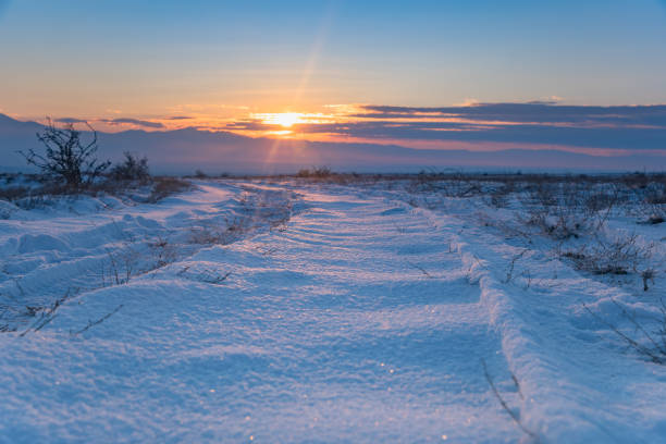 snowy landscape and road at the sunset