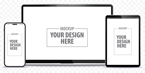 Easy editable digital devices mockup. Realistic style Laptop PC, Smartphone and Tablet Computer screen vector illustration.