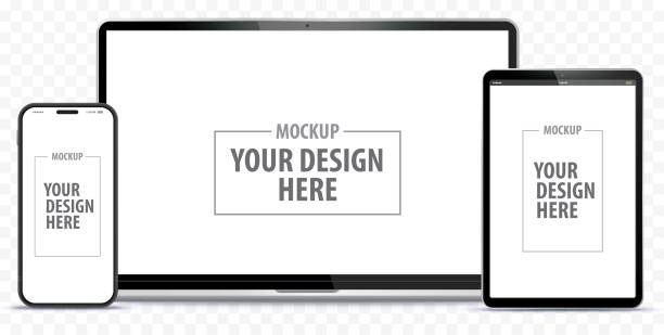 Laptop Computer, Mobile Phone and Tablet PC Mockup. Digital devices screen template vector illustration with transparent background. Easy editable digital devices mockup. Realistic style Laptop PC, Smartphone and Tablet Computer screen vector illustration. ipad stock illustrations